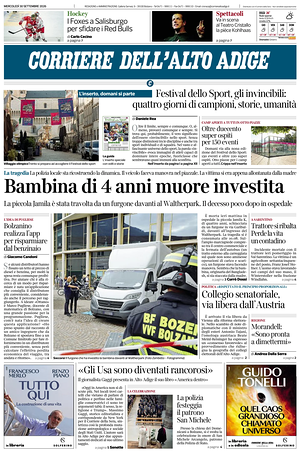 Prima pagina Corriere dell'Alto Adige di oggi - Quotidiano regionale