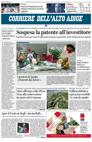 Prima pagina Corriere dell'Alto Adige di oggi - Quotidiano regionale