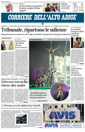 Prima pagina Corriere dell'Alto Adige di oggi - Quotidiano regionale