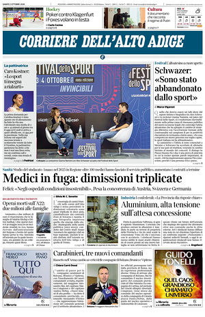 Prima pagina Corriere dell'Alto Adige di oggi - Quotidiano regionale