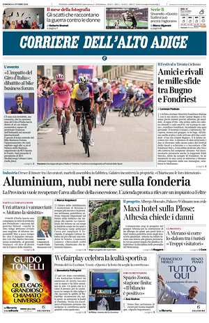 Prima pagina Corriere dell'Alto Adige di oggi - Quotidiano regionale