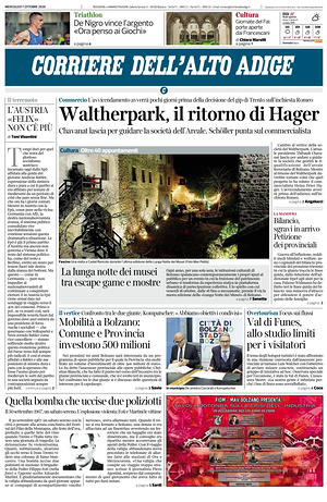 Prima pagina Corriere dell'Alto Adige di oggi - Quotidiano regionale