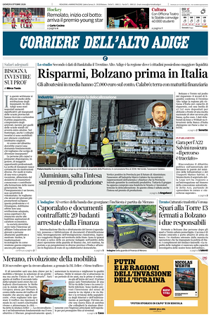 Prima pagina Corriere dell'Alto Adige di oggi - Quotidiano regionale