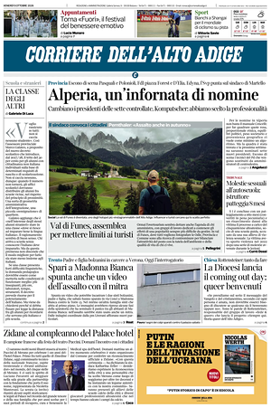 Prima pagina Corriere dell'Alto Adige di oggi - Quotidiano regionale