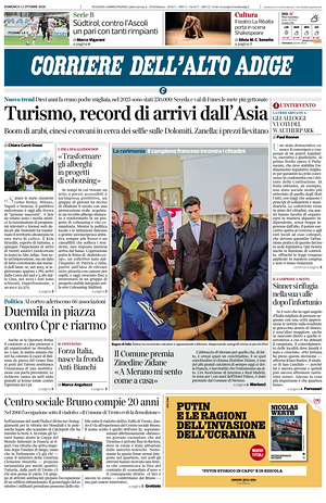 Prima pagina Corriere dell'Alto Adige di oggi - Quotidiano regionale