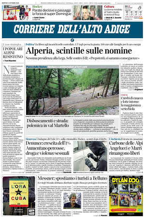 Prima pagina Corriere dell'Alto Adige di oggi - Quotidiano regionale