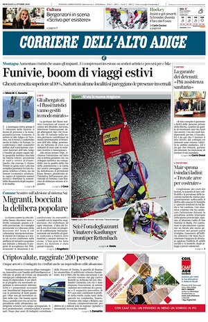 Prima pagina Corriere dell'Alto Adige di oggi - Quotidiano regionale