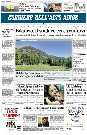 Prima pagina Corriere dell'Alto Adige di oggi - Quotidiano regionale