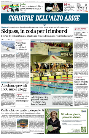 Prima pagina Corriere dell'Alto Adige di oggi - Quotidiano regionale