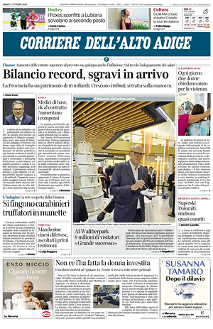 Prima pagina Corriere dell'Alto Adige di oggi - Quotidiano regionale