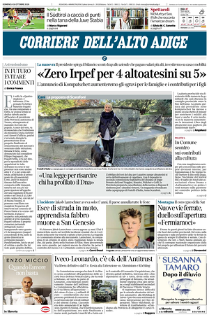 Prima pagina Corriere dell'Alto Adige di oggi - Quotidiano regionale