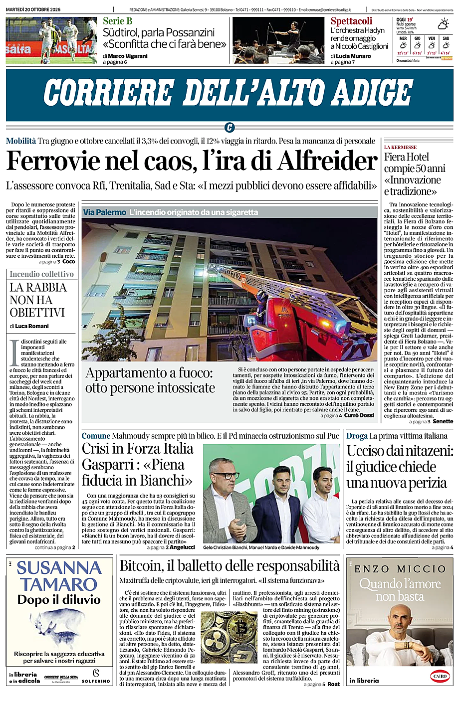Prima pagina Corriere dell'Alto Adige di oggi - Edicola 20 Ottobre 2026