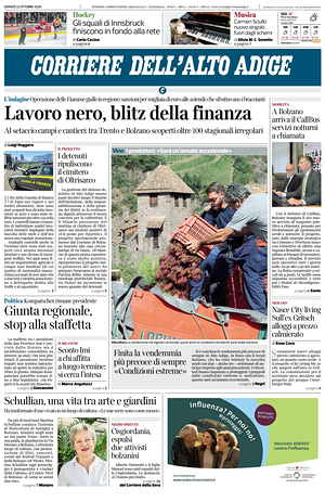 Prima pagina Corriere dell'Alto Adige di oggi - Quotidiano regionale