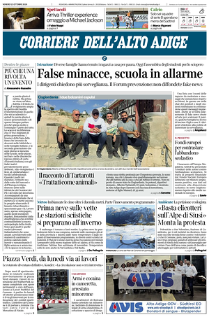 Prima pagina Corriere dell'Alto Adige di oggi - Quotidiano regionale