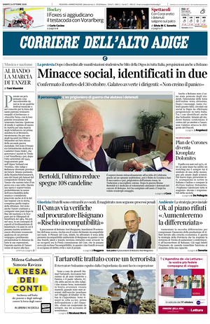 Prima pagina Corriere dell'Alto Adige di oggi - Quotidiano regionale