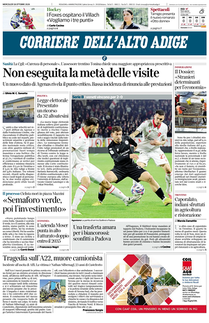Prima pagina Corriere dell'Alto Adige di oggi - Quotidiano regionale