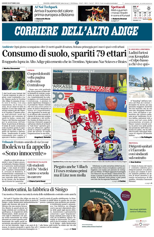 Prima pagina Corriere dell'Alto Adige di oggi - Quotidiano regionale