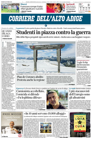 Prima pagina Corriere dell'Alto Adige di oggi - Quotidiano regionale