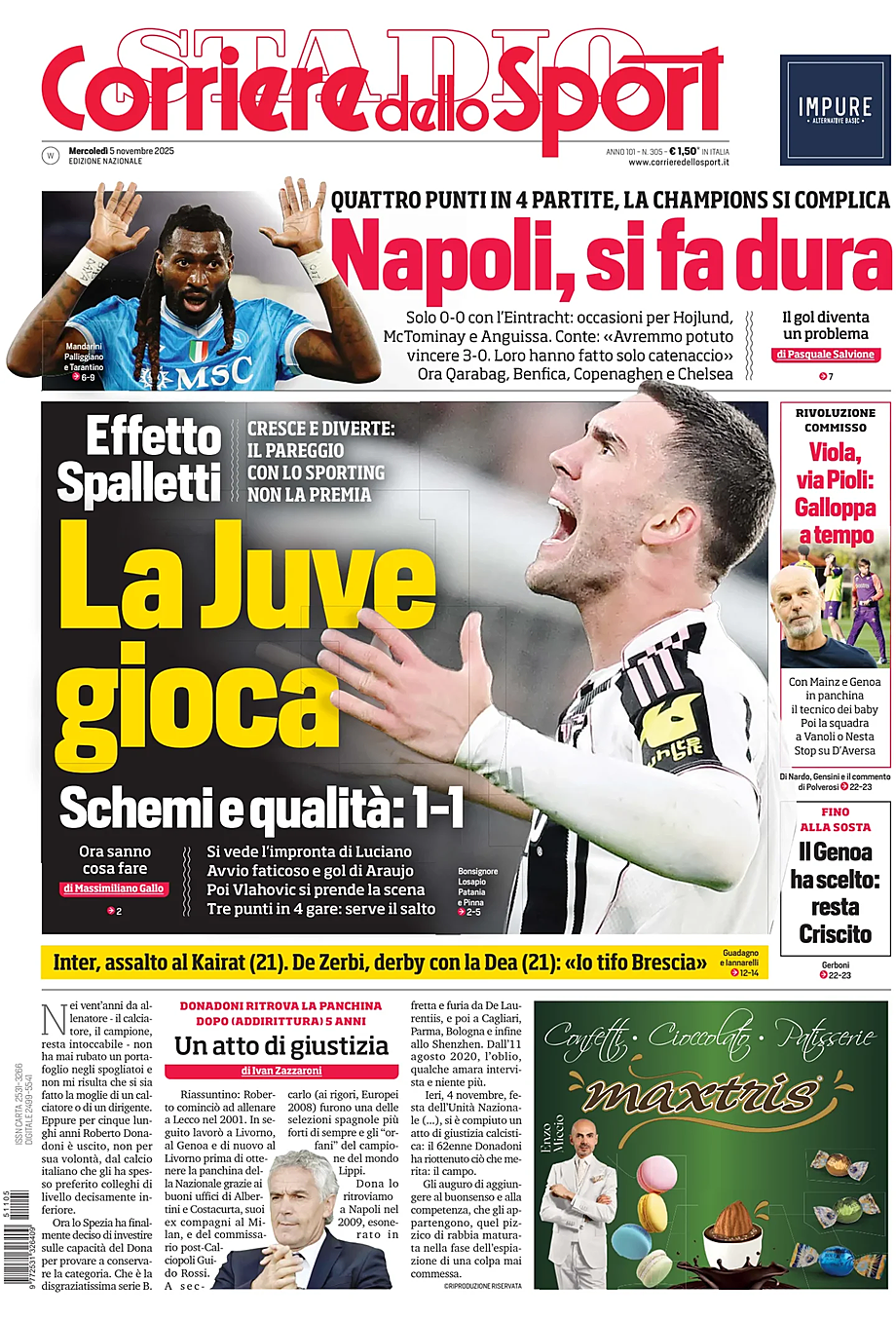 Prima pagina Corriere dello Sport di oggi - Edicola 5 Novembre 2025