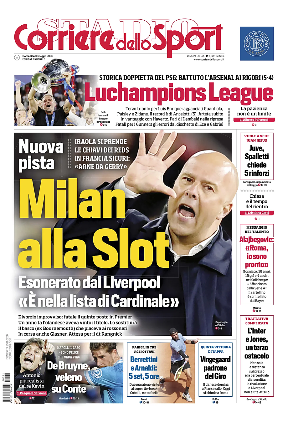 Prima pagina Corriere dello Sport di oggi - Edicola 31 Maggio 2026