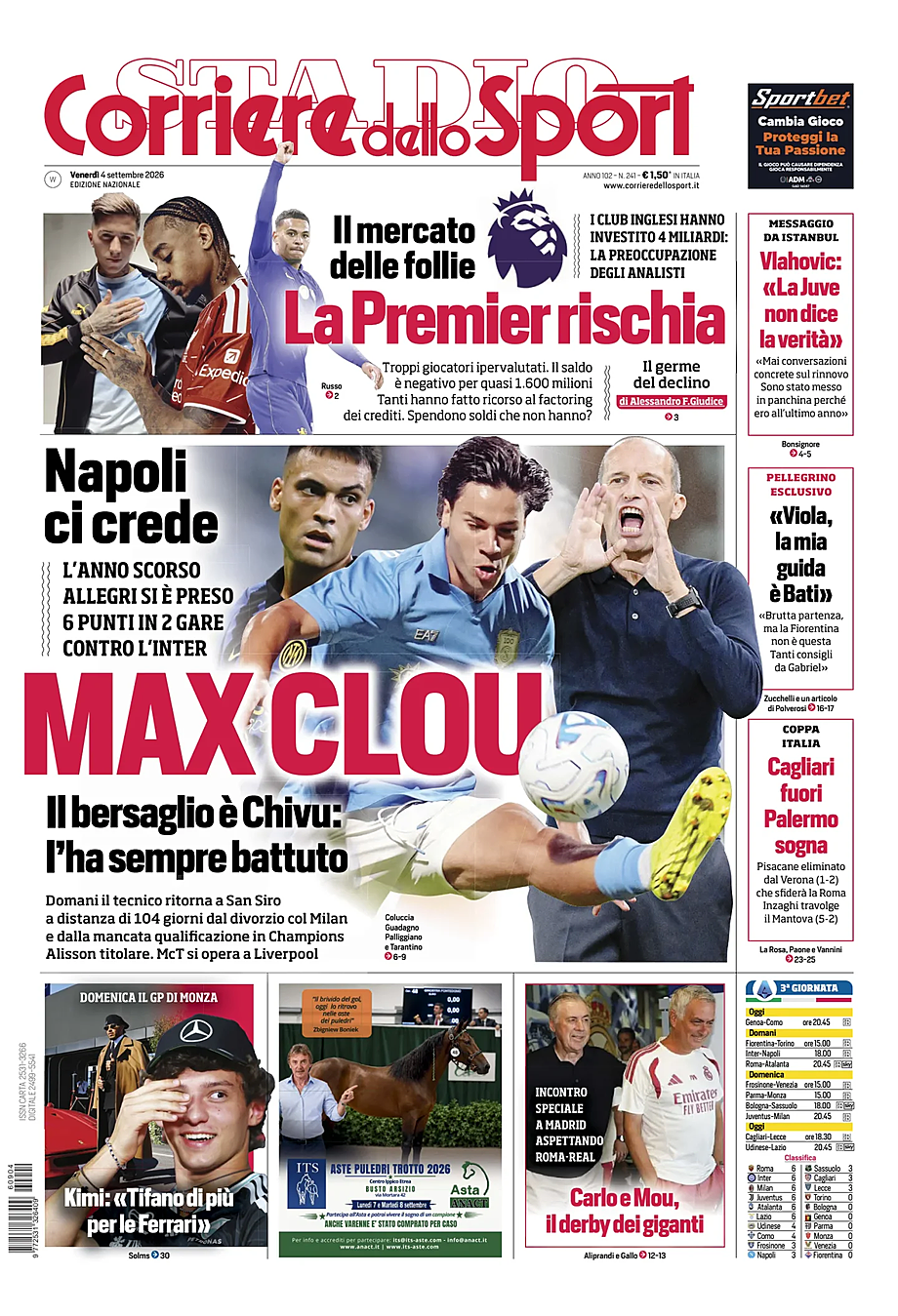 Prima pagina Corriere dello Sport di oggi - Edicola 4 Settembre 2026