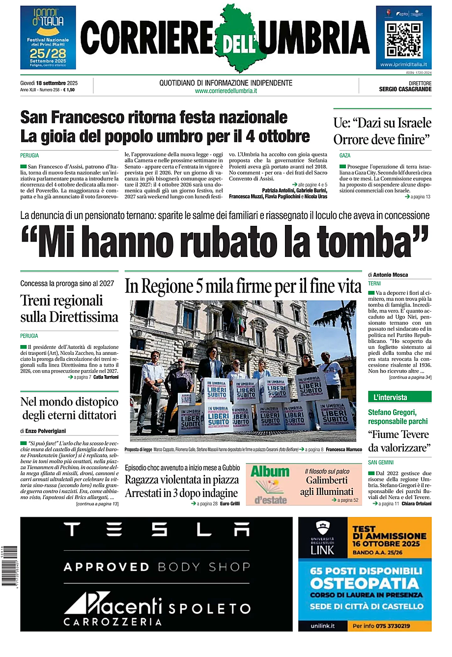 Prima pagina Corriere dell'Umbria di oggi - Edicola 18 Settembre 2025