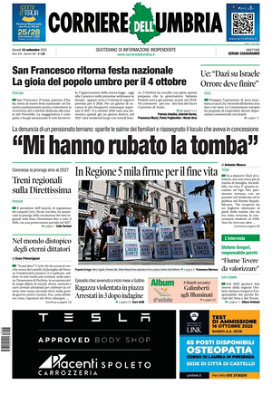 Prima pagina Corriere dell'Umbria di oggi - Quotidiano regionale