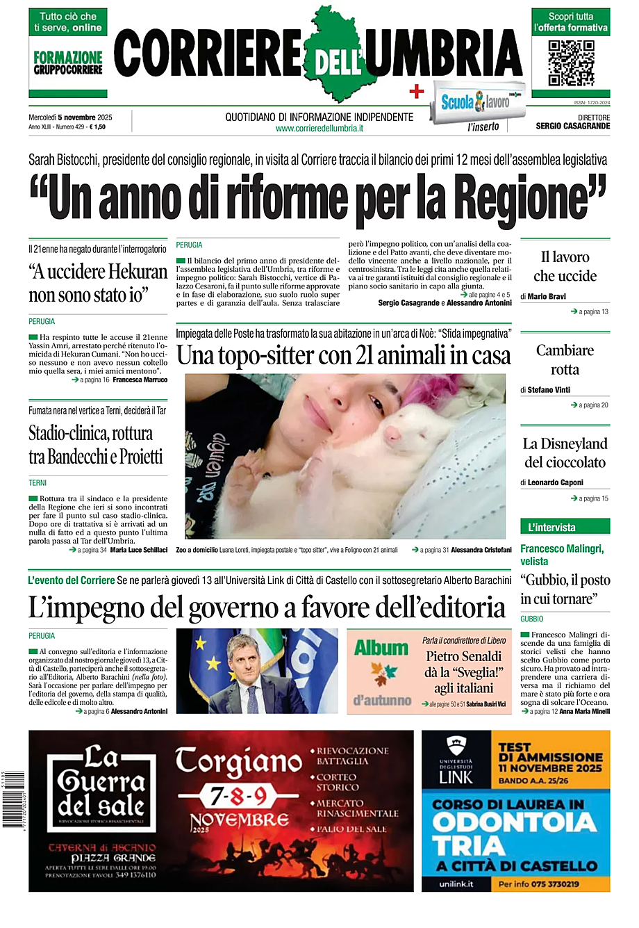 Prima pagina Corriere dell'Umbria di oggi - Edicola 5 Novembre 2025