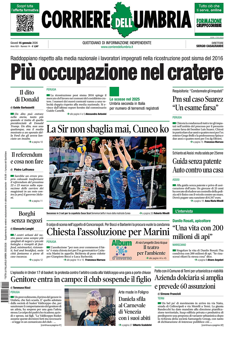 Prima pagina Corriere dell'Umbria di oggi - Edicola 15 Gennaio 2026