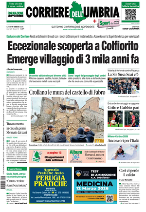 Prima pagina Corriere dell'Umbria di oggi - Quotidiano regionale