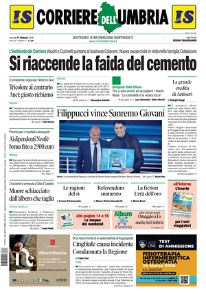Prima pagina Corriere dell'Umbria di oggi - Quotidiano regionale
