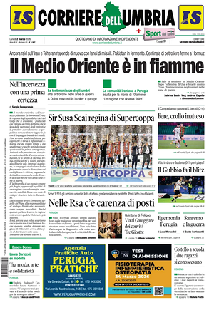 Prima pagina Corriere dell'Umbria di oggi - Quotidiano regionale