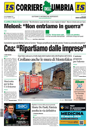 Prima pagina Corriere dell'Umbria di oggi - Quotidiano regionale