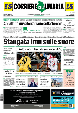 Prima pagina Corriere dell'Umbria di oggi - Quotidiano regionale