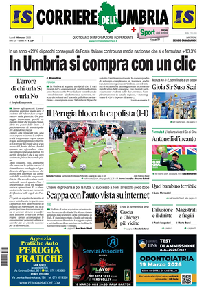 Prima pagina Corriere dell'Umbria di oggi - Quotidiano regionale