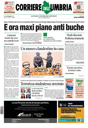 Prima pagina Corriere dell'Umbria di oggi - Quotidiano regionale