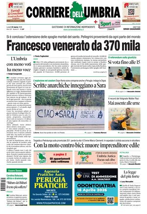Prima pagina Corriere dell'Umbria di oggi - Quotidiano regionale