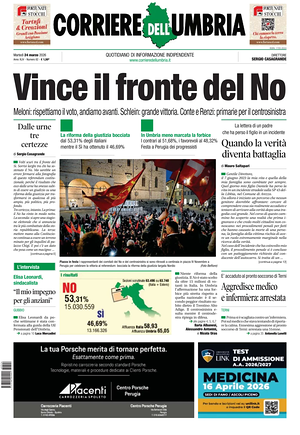 Prima pagina Corriere dell'Umbria di oggi - Quotidiano regionale
