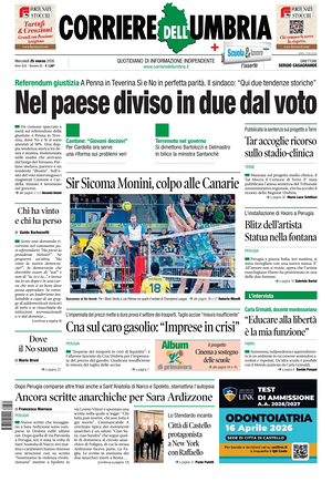 Prima pagina Corriere dell'Umbria di oggi - Quotidiano regionale