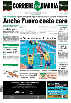 Prima pagina Corriere dell'Umbria di oggi - Quotidiano regionale
