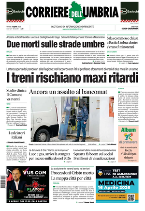 Prima pagina Corriere dell'Umbria di oggi - Quotidiano regionale