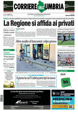 Prima pagina Corriere dell'Umbria di oggi - Quotidiano regionale