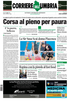 Prima pagina Corriere dell'Umbria di oggi - Quotidiano regionale