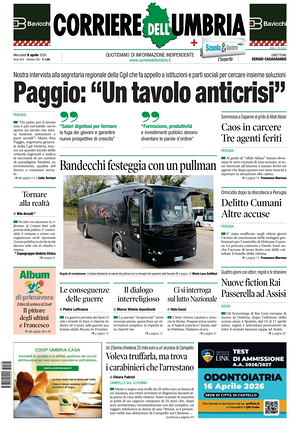 Prima pagina Corriere dell'Umbria di oggi - Quotidiano regionale