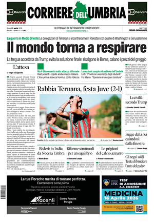 Prima pagina Corriere dell'Umbria di oggi - Quotidiano regionale