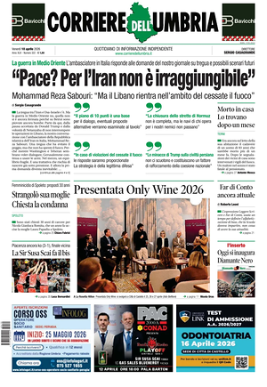 Prima pagina Corriere dell'Umbria di oggi - Quotidiano regionale