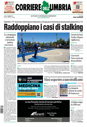 Prima pagina Corriere dell'Umbria di oggi - Quotidiano regionale