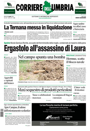 Prima pagina Corriere dell'Umbria di oggi - Quotidiano regionale