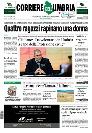 Prima pagina Corriere dell'Umbria di oggi - Quotidiano regionale
