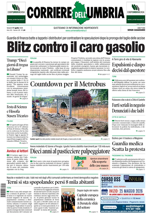 Prima pagina Corriere dell'Umbria di oggi - Quotidiano regionale